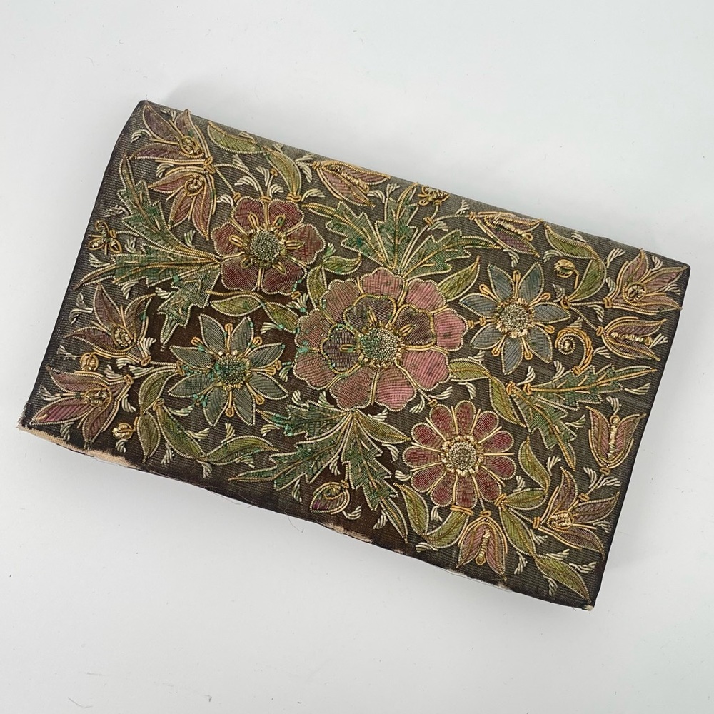 Vintage Zardozi Metal Embroidered Floral Envelope Beaded Clutch Luxury Purse